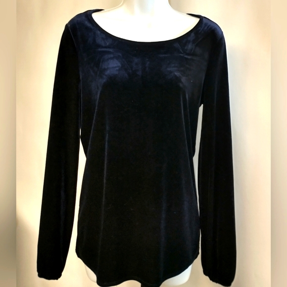 Adrianna Papell Velvet Long Sleeve Keyhole Bow Detail Back Dark Navy Blue Size S - Picture 2 of 7